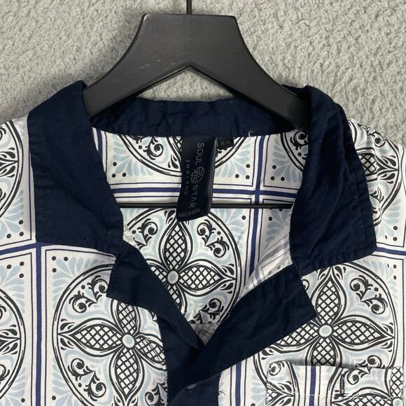 Soul Star Goodman Tile Print Button Shirt Mens M Short Sleeve Navy Collar Casual - Picture 4 of 9